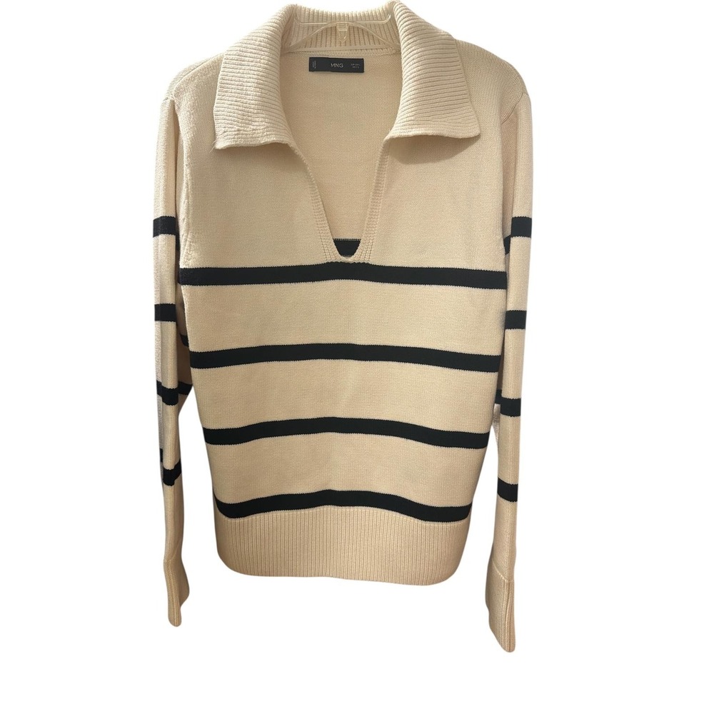 Mango Women's Cream and Black Striped V-Neck Sweater with Collar - Picture 6 of 7